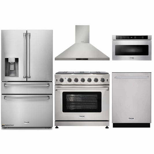 Thor Kitchen 5-Piece Appliance Package - 36-Inch Gas Range with Tilt Panel, Refrigerator with Water Dispenser, Wall Mount Hood, Dishwasher, & Microwave Drawer in Stainless Steel