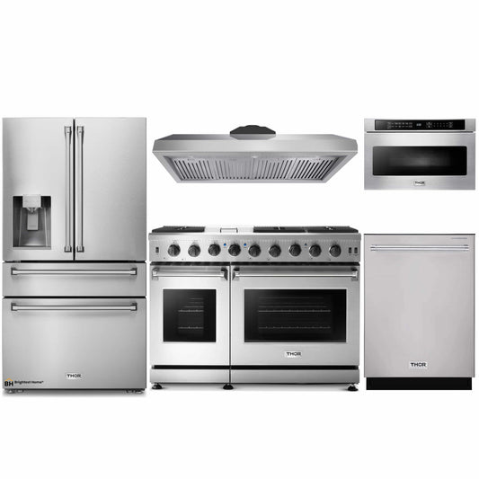 Thor Kitchen 5-Piece Appliance Package - 48-Inch Gas Range, Refrigerator with Water Dispenser, Under Cabinet 11-Inch Hood, Dishwasher, & Microwave Drawer in Stainless Steel