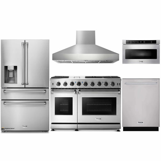 Thor Kitchen 5-Piece Appliance Package - 48-Inch Gas Range, Refrigerator with Water Dispenser, Pro Wall Mount Hood, Dishwasher, & Microwave Drawer in Stainless Steel