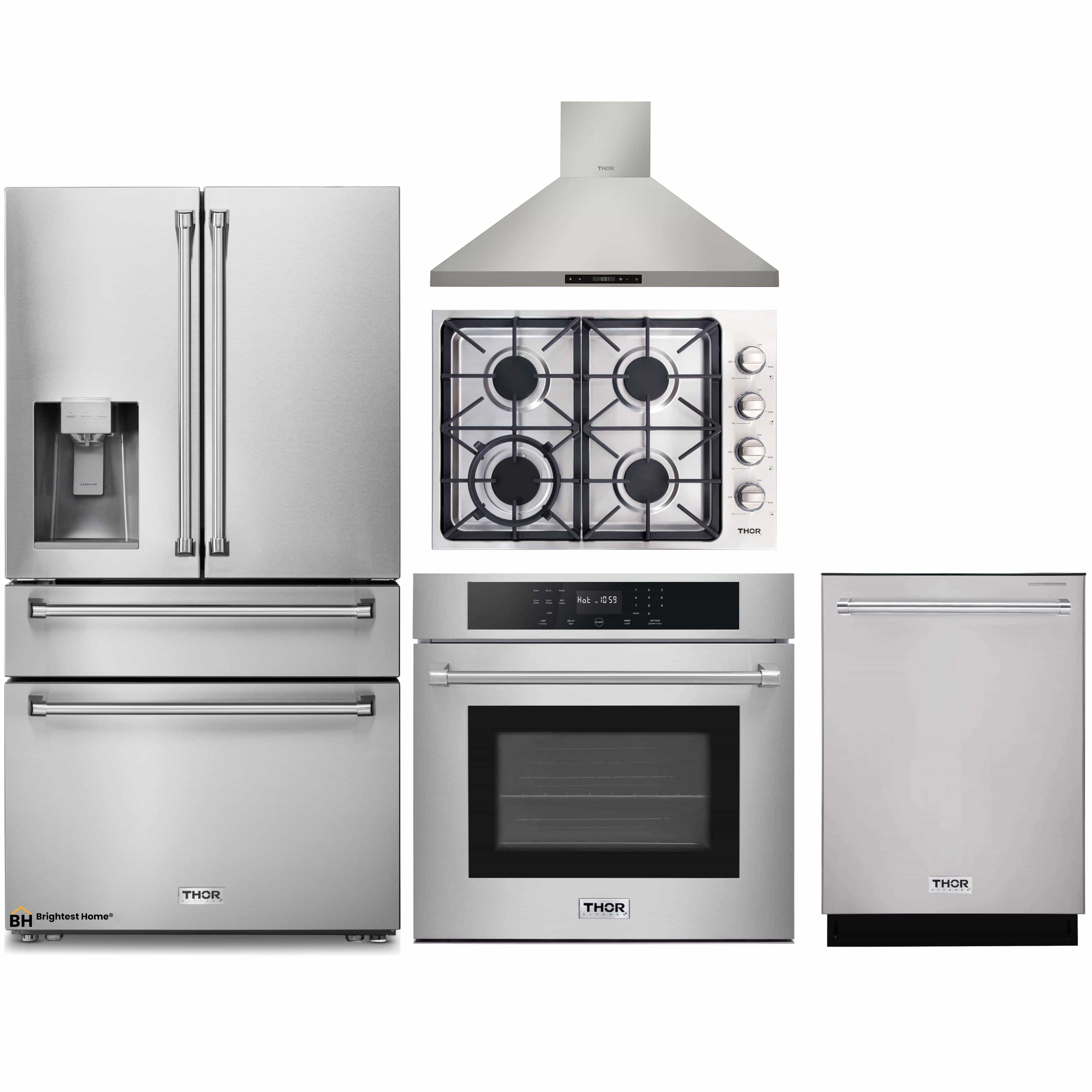 Thor Kitchen 5-Piece Pro Appliance Package - 30-Inch Gas Cooktop, Electric Wall Oven, Wall Mount Hood, Dishwasher & Refrigerator with Water Dispenser in Stainless Steel