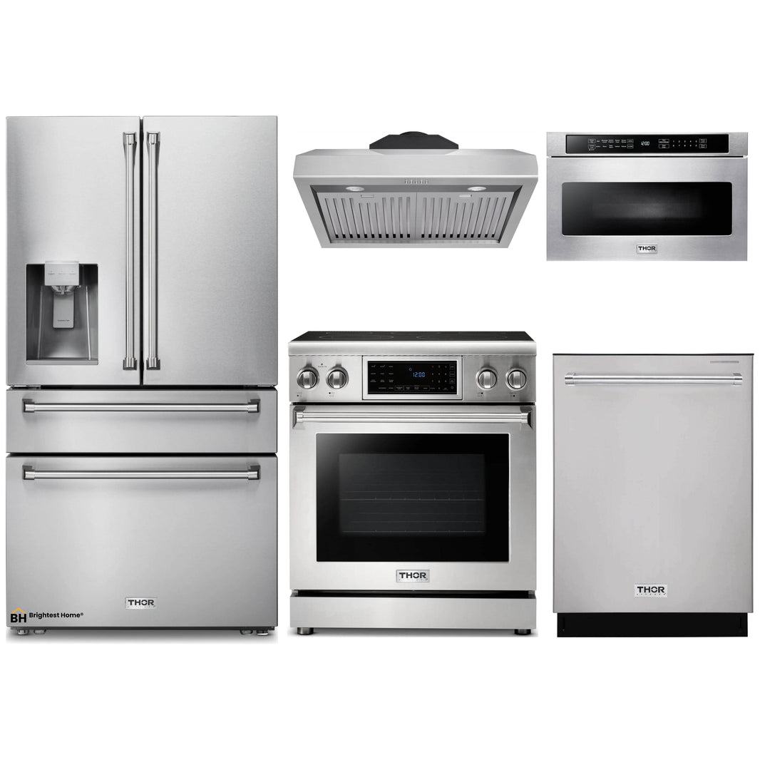 Thor Kitchen 5-Piece Appliance Package - 30-Inch Electric Range with Tilt Panel, Refrigerator with Water Dispenser, Under Cabinet Hood, Dishwasher, & Microwave Drawer in Stainless Steel