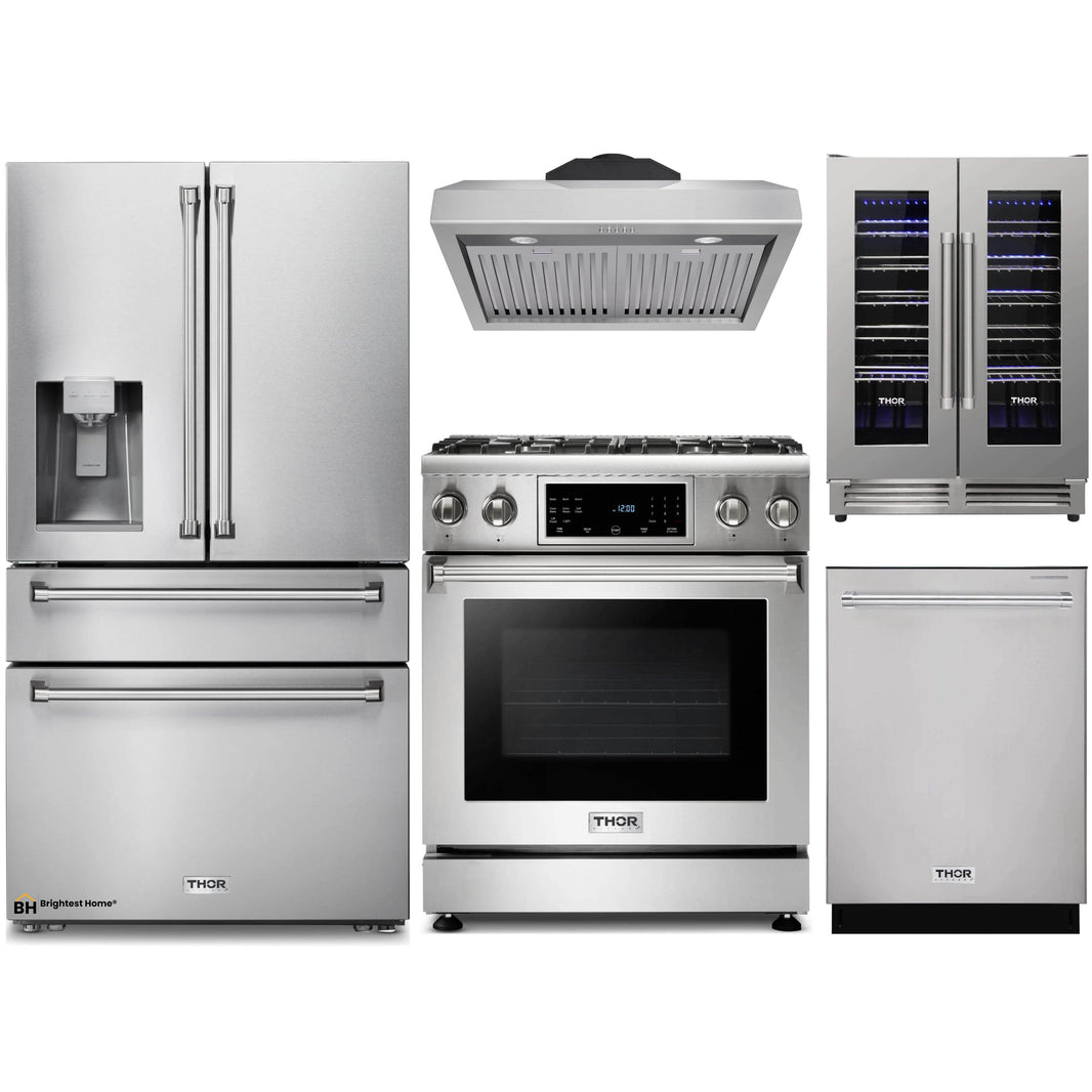 Thor Kitchen 5-Piece Appliance Package - 30-Inch Gas Range with Tilt Panel, Refrigerator with Water Dispenser, Under Cabinet Hood, Dishwasher, & Wine Cooler in Stainless Steel