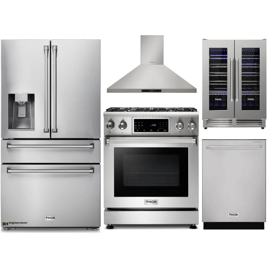 Thor Kitchen 5-Piece Appliance Package - 30-Inch Gas Range with Tilt Panel, Refrigerator with Water Dispenser, Wall Mount Hood, Dishwasher, & Wine Cooler in Stainless Steel