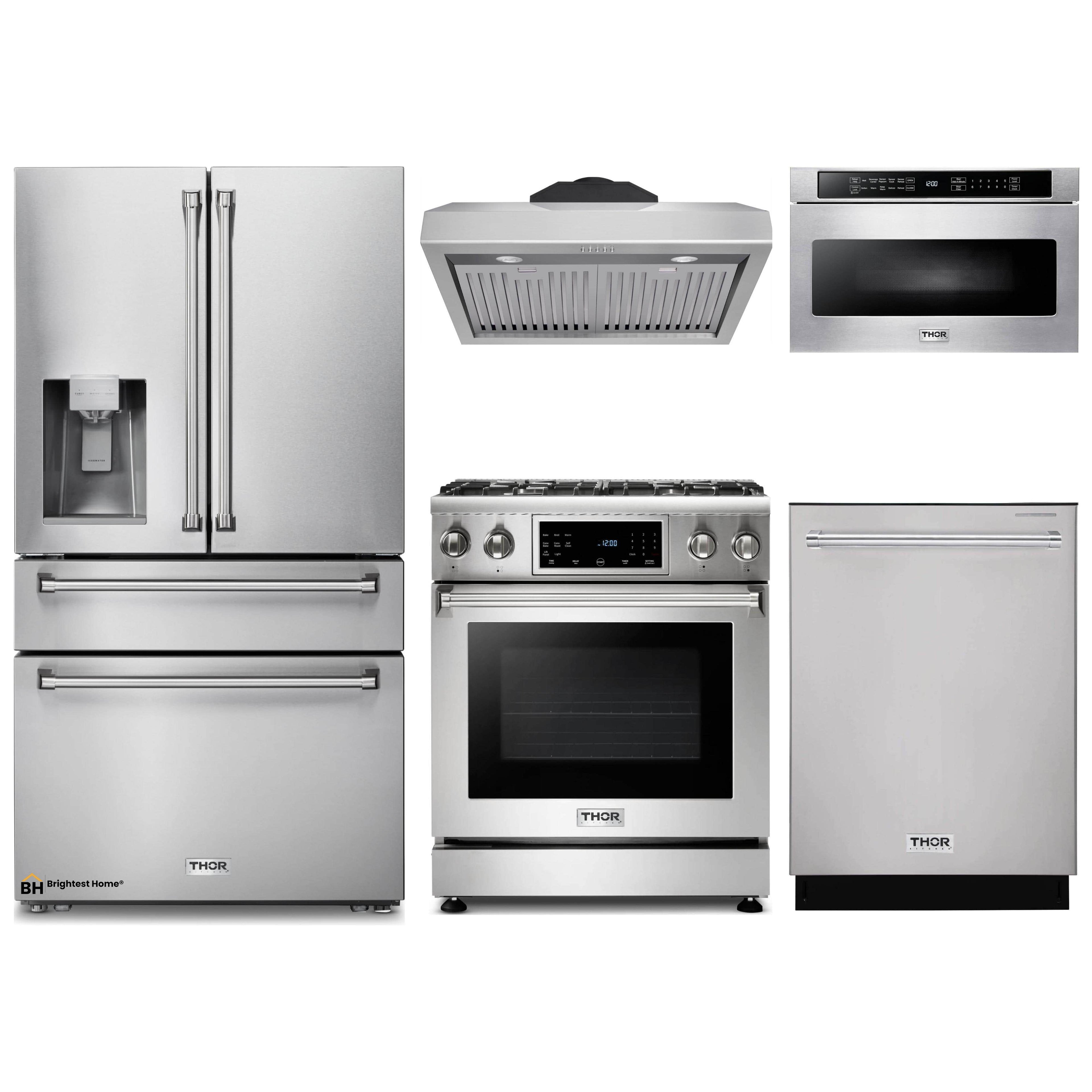 Thor Kitchen 5-Piece Appliance Package - 30-Inch Gas Range with Tilt Panel, Refrigerator with Water Dispenser, Under Cabinet Hood, Dishwasher, & Microwave Drawer in Stainless Steel