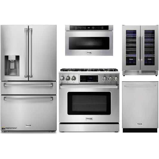 Thor Kitchen 5-Piece Appliance Package - 36-Inch Gas Range with Tilt Panel, Refrigerator with Water Dispenser, Dishwasher, Microwave Drawer, & Wine Cooler in Stainless Steel