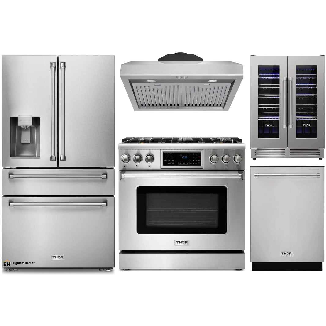 Thor Kitchen 5-Piece Appliance Package - 36-Inch Gas Range with Tilt Panel, Refrigerator with Water Dispenser, Under Cabinet Hood, Dishwasher, & Wine Cooler in Stainless Steel