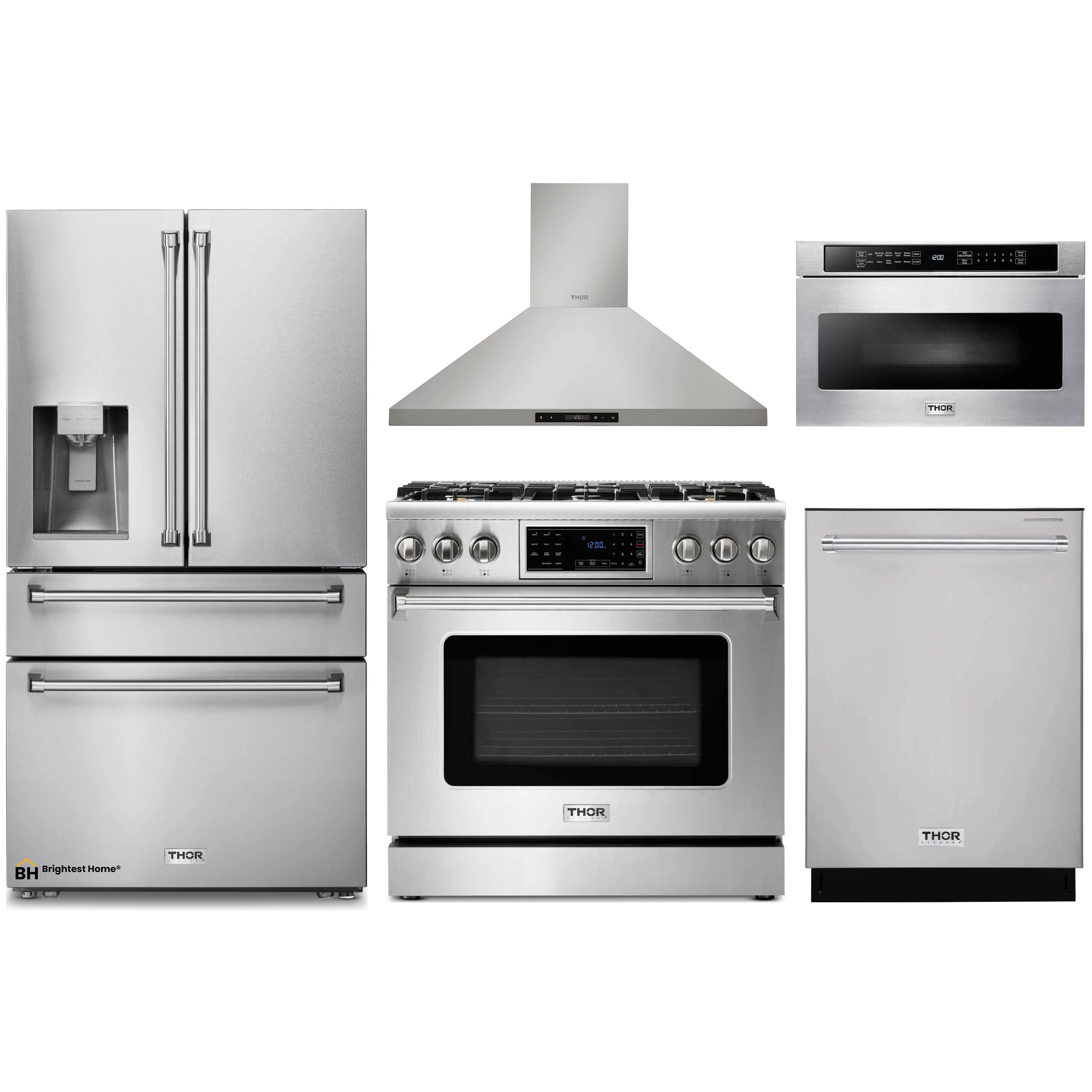 Thor Kitchen 5-Piece Appliance Package - 36-Inch Gas Range with Tilt Panel, Refrigerator with Water Dispenser, Wall Mount Hood, Dishwasher, & Microwave Drawer in Stainless Steel