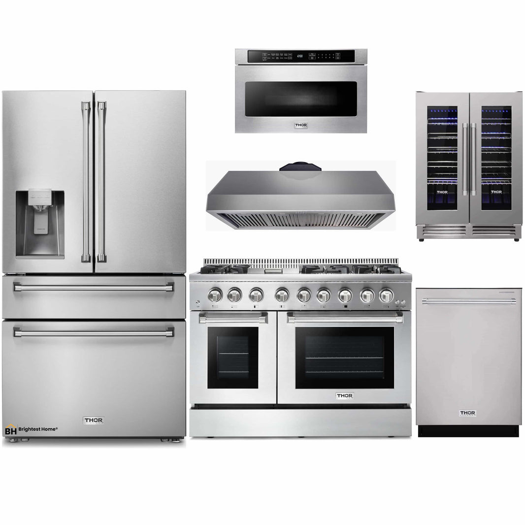 Thor Kitchen 6-Piece Pro Appliance Package - 48-Inch Dual Fuel Range, Refrigerator with Water Dispenser, Dishwasher, Under Cabinet 16.5-Inch Tall Hood, Microwave Drawer, & Wine Cooler in Stainless Steel