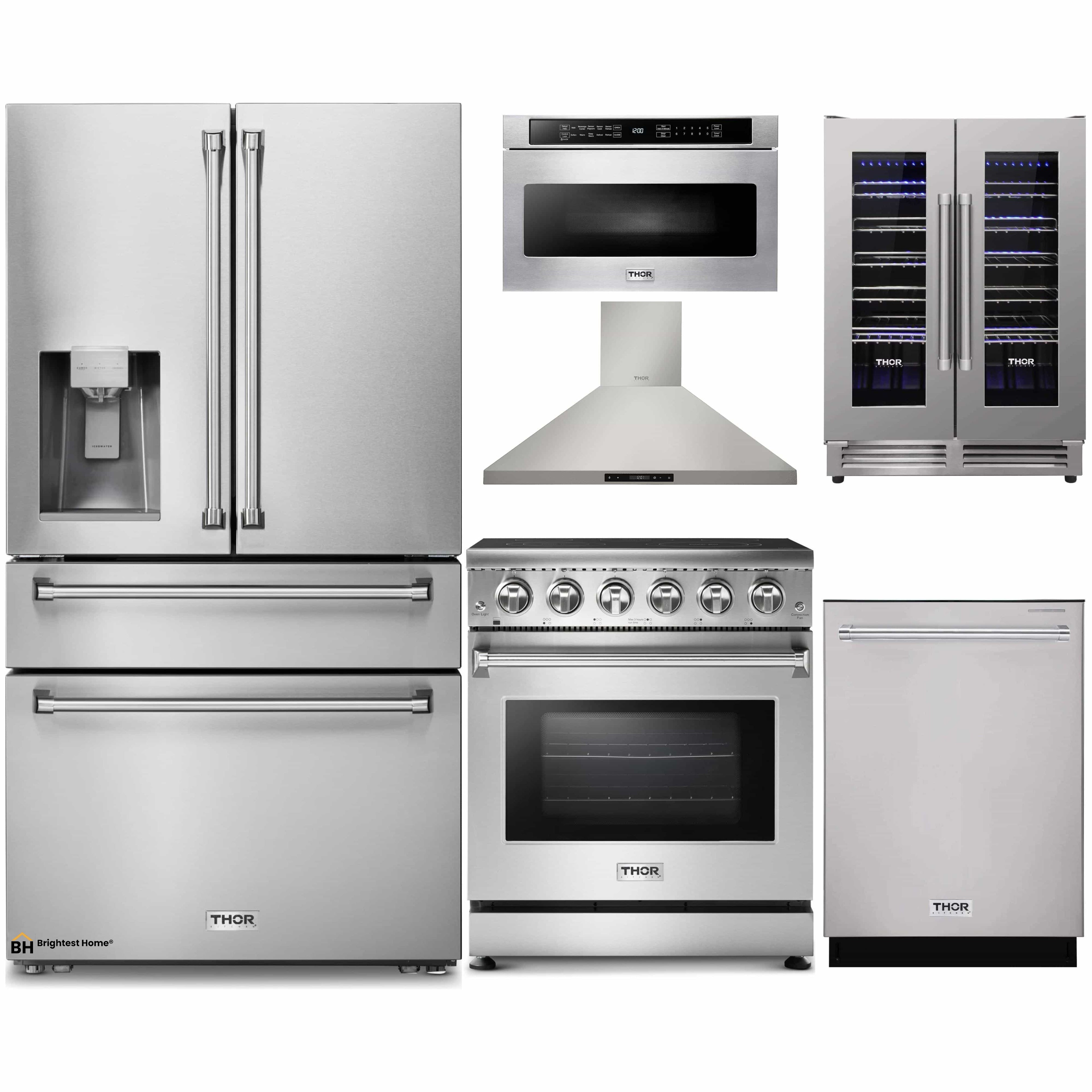 Thor Kitchen 6-Piece Appliance Package - 30-Inch Electric Range, Refrigerator with Water Dispenser, Wall Mount Hood, Dishwasher, Microwave Drawer, & Wine Cooler in Stainless Steel