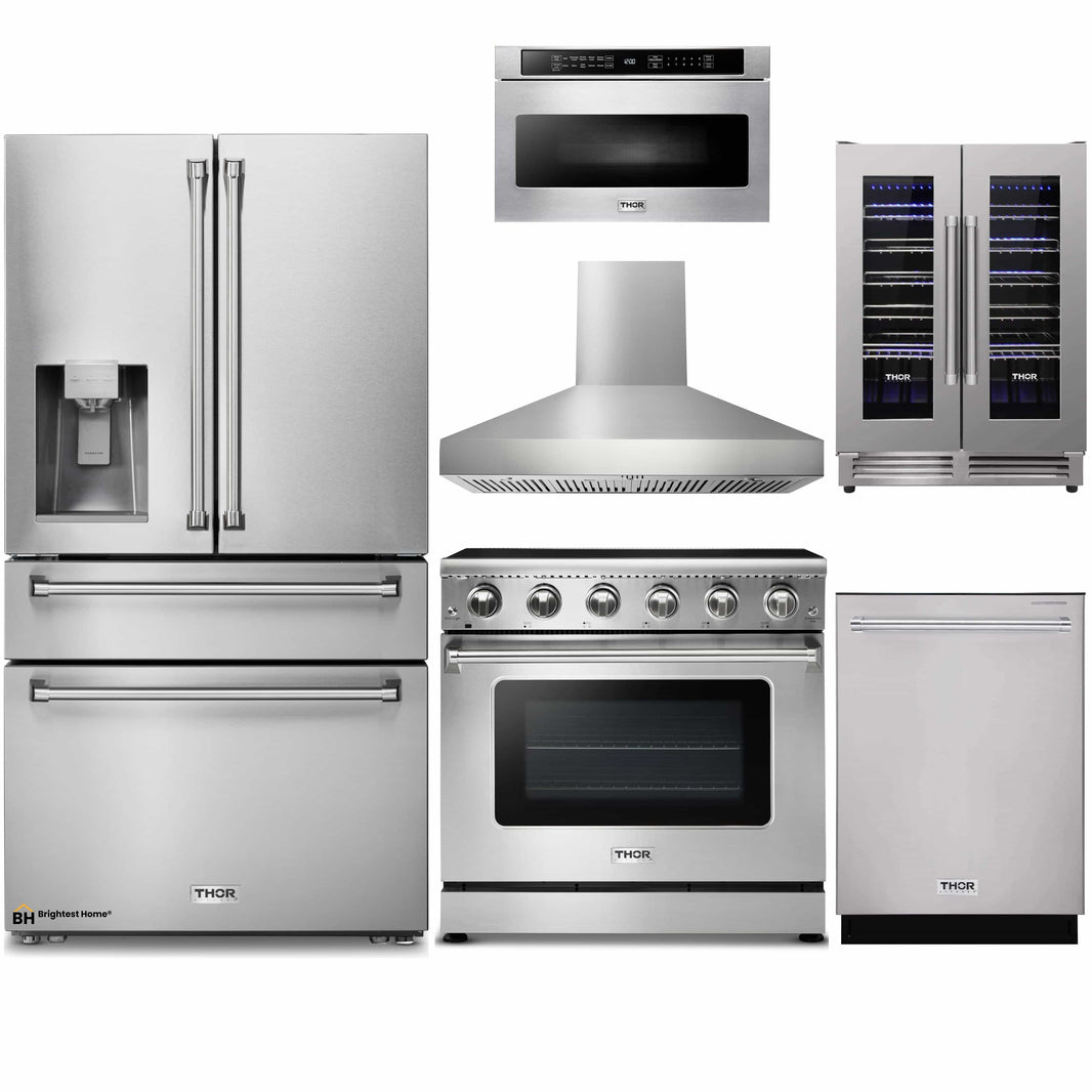 Thor Kitchen 6-Piece Appliance Package - 36-Inch Electric Range, Refrigerator with Water Dispenser, Pro-Style Wall Mount Hood, Dishwasher, Microwave Drawer, & Wine Cooler in Stainless Steel