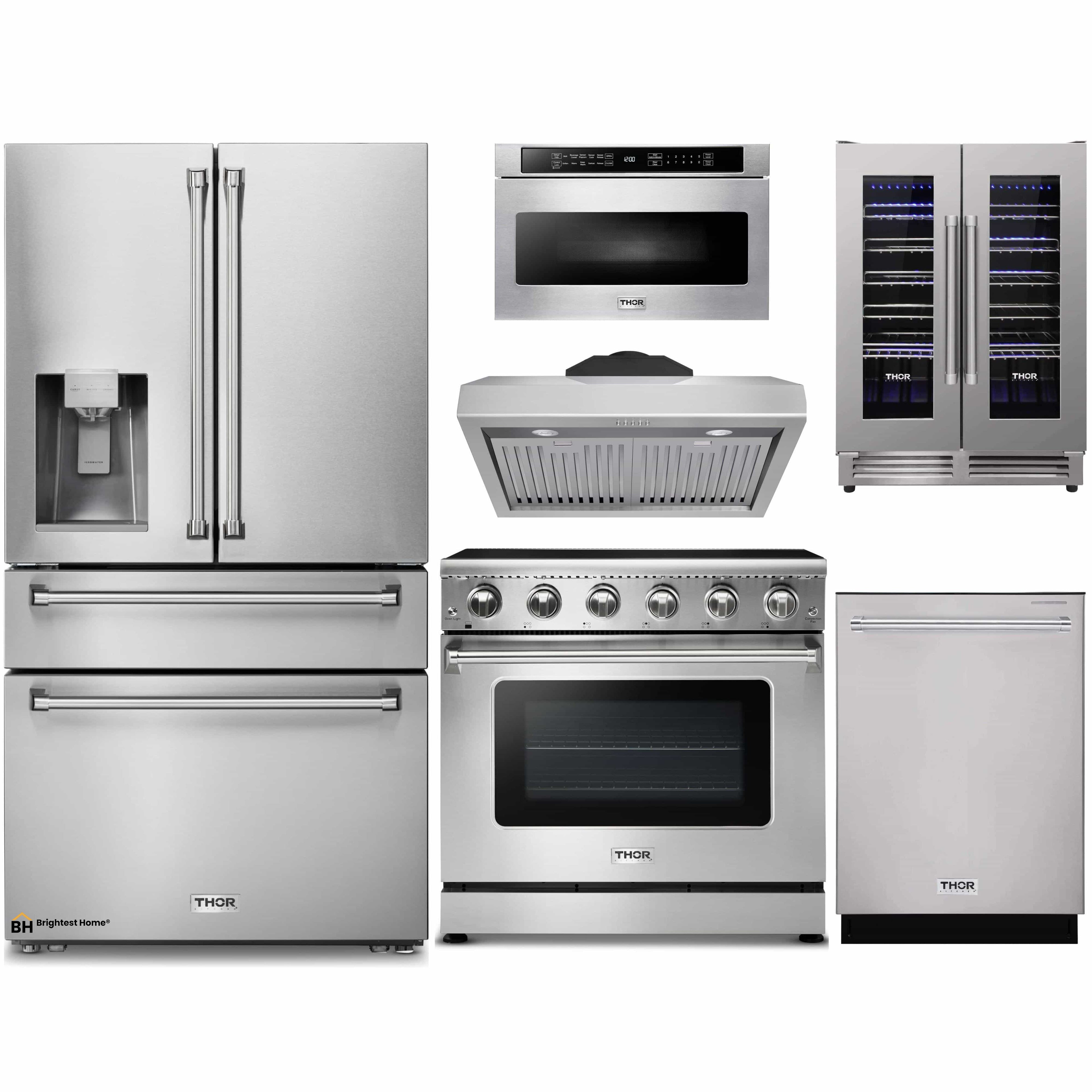 Thor Kitchen 6-Piece Appliance Package - 36-Inch Electric Range, Refrigerator with Water Dispenser, Under Cabinet Hood, Dishwasher, Microwave Drawer, & Wine Cooler in Stainless Steel