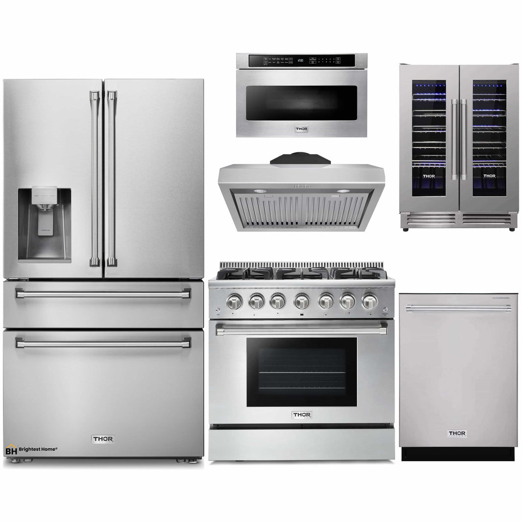 Thor Kitchen 6-Piece Pro Appliance Package - 36-Inch Gas Range, Refrigerator with Water Dispenser, Under Cabinet Hood, Dishwasher, Microwave Drawer, & Wine Cooler in Stainless Steel