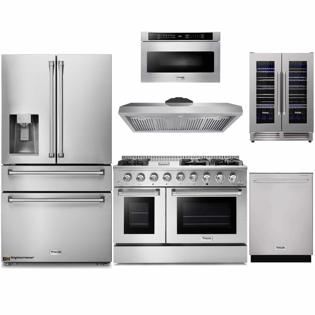 Thor Kitchen 6-Piece Pro Appliance Package - 48-Inch Gas Range, Refrigerator with Water Dispenser, Dishwasher, Under Cabinet 11-Inch Tall Hood, Microwave Drawer, & Wine Cooler in Stainless Steel