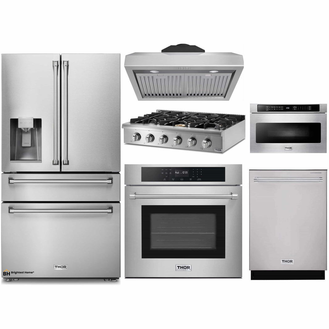 Thor Kitchen 6-Piece Pro Appliance Package - 36-Inch Rangetop, Electric Wall Oven, Under Cabinet Hood, Refrigerator with Water Dispenser, Dishwasher, & Microwave in Stainless Steel