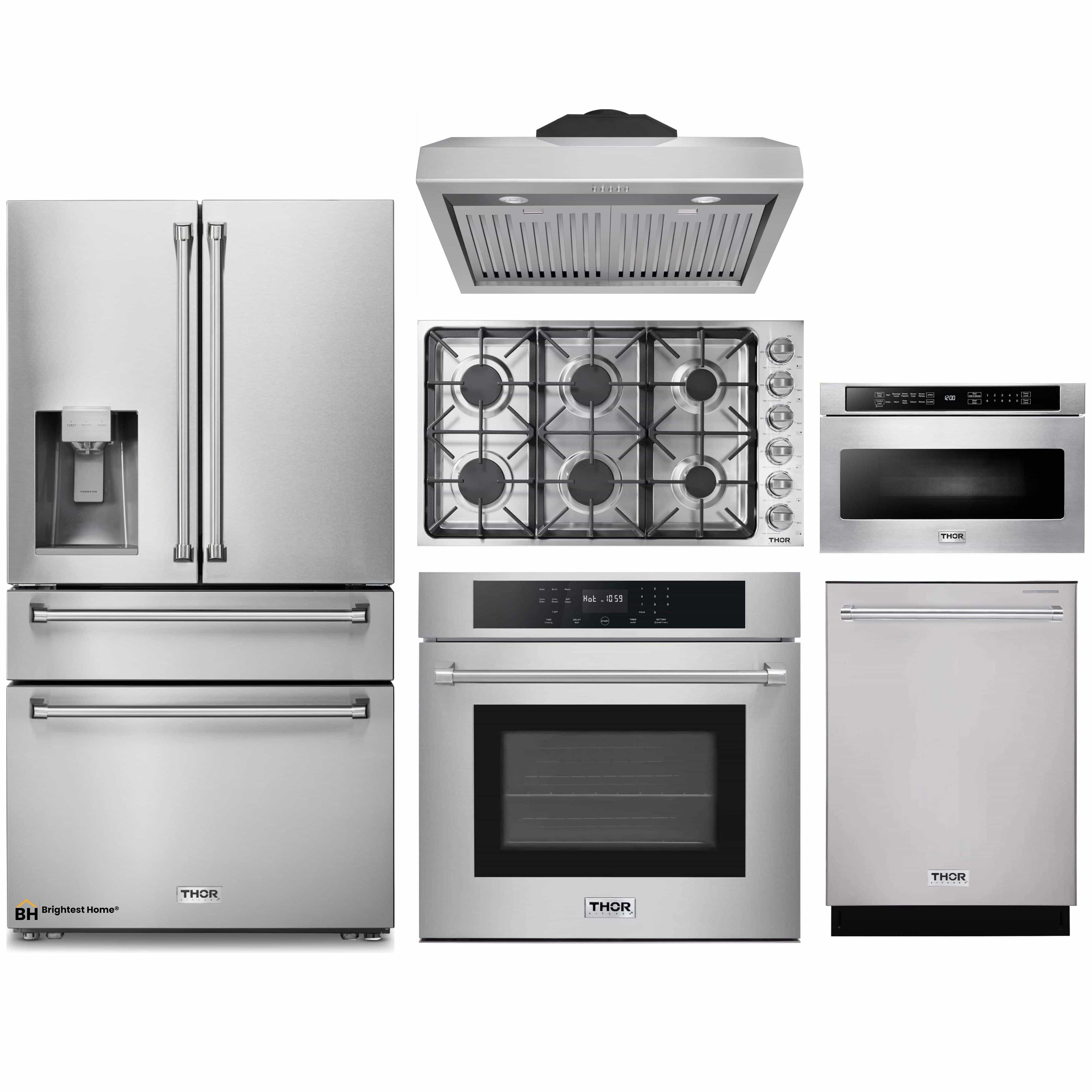 Thor Kitchen 6-Piece Pro Appliance Package - 36-Inch Gas Cooktop, Electric Wall Oven, Under Cabinet Hood, Refrigerator with Water Dispenser, Dishwasher & Microwave Drawer in Stainless Steel