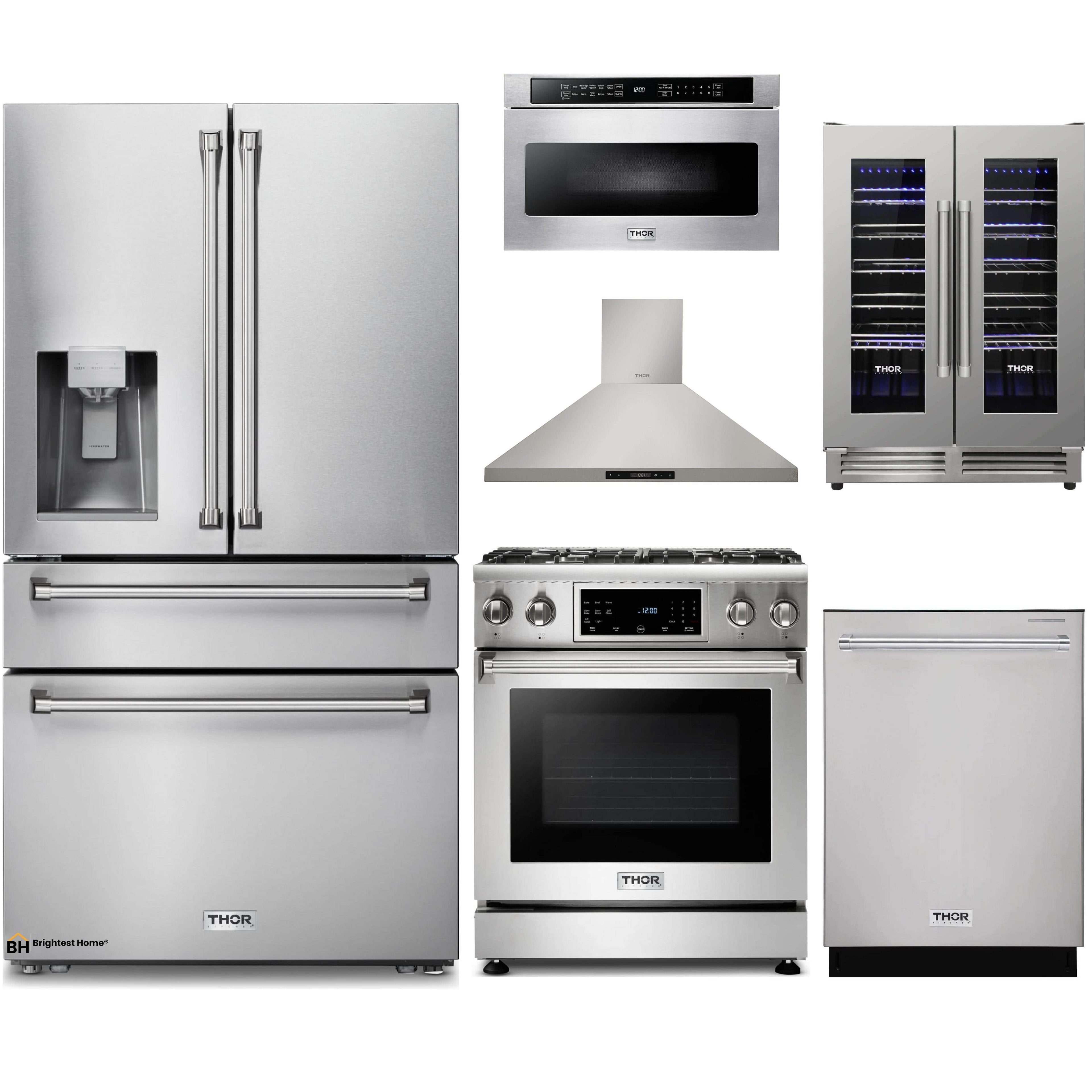 Thor Kitchen 6-Piece Appliance Package - 30-Inch Gas Range with Tilt Panel, Refrigerator with Water Dispenser, Wall Mount Hood, Dishwasher, Microwave Drawer, & Wine Cooler in Stainless Steel