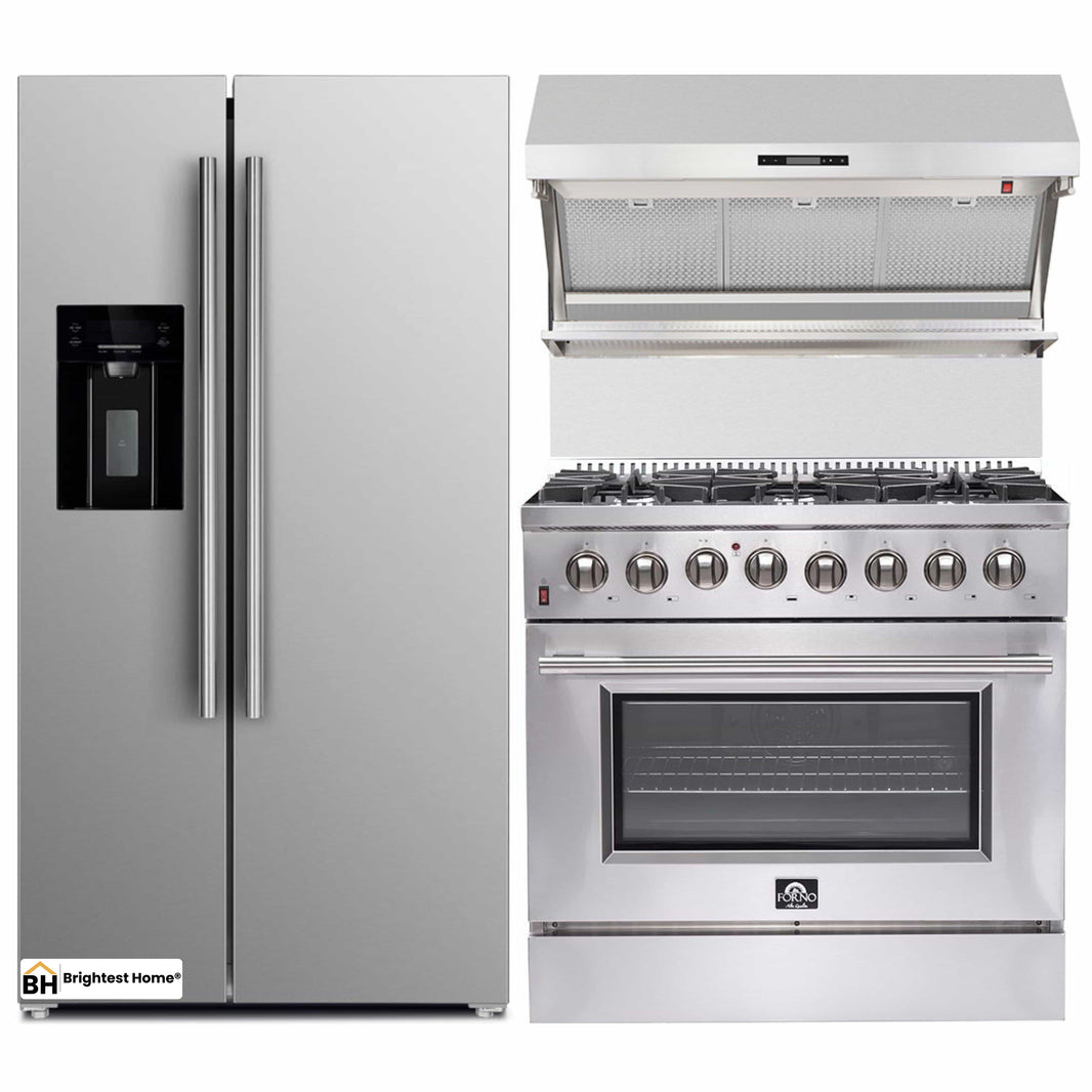 Forno 3-Piece Appliance Package - 36-Inch Dual Fuel Range, Refrigerator with Water Dispenser, & Wall Mount Hood with Backsplash in Stainless Steel