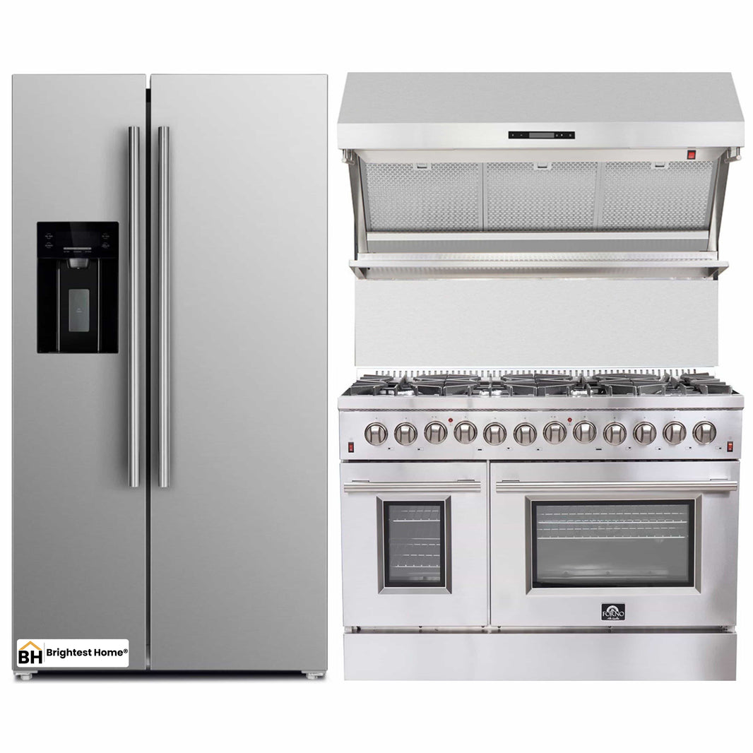 Forno 3-Piece Appliance Package - 48-Inch Dual Fuel Range, Refrigerator with Water Dispenser, & Wall Mount Hood with Backsplash in Stainless Steel