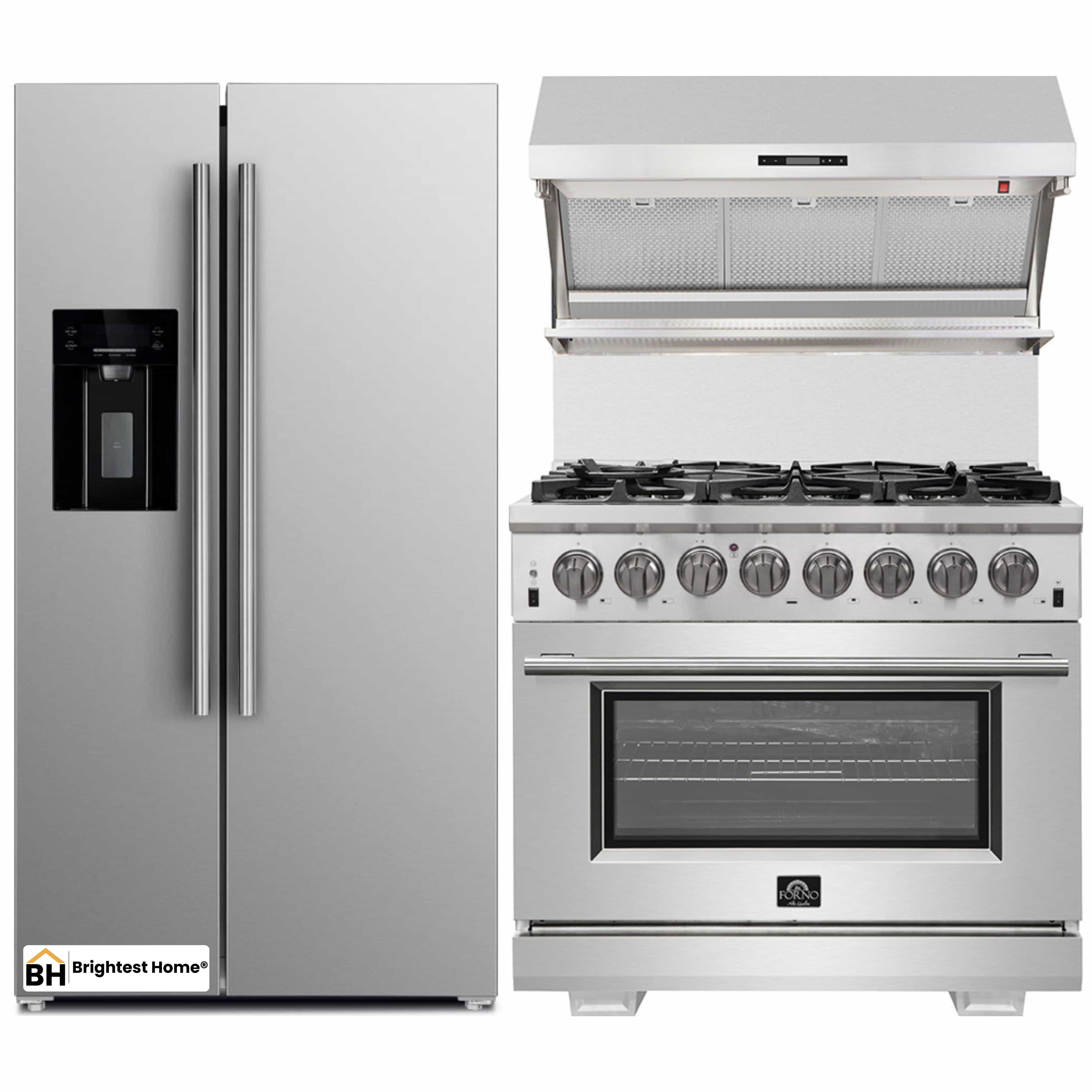 Forno 3-Piece Pro Appliance Package - 36-Inch Dual Fuel Range, Refrigerator with Water Dispenser,& Wall Mount Hood with Backsplash in Stainless Steel