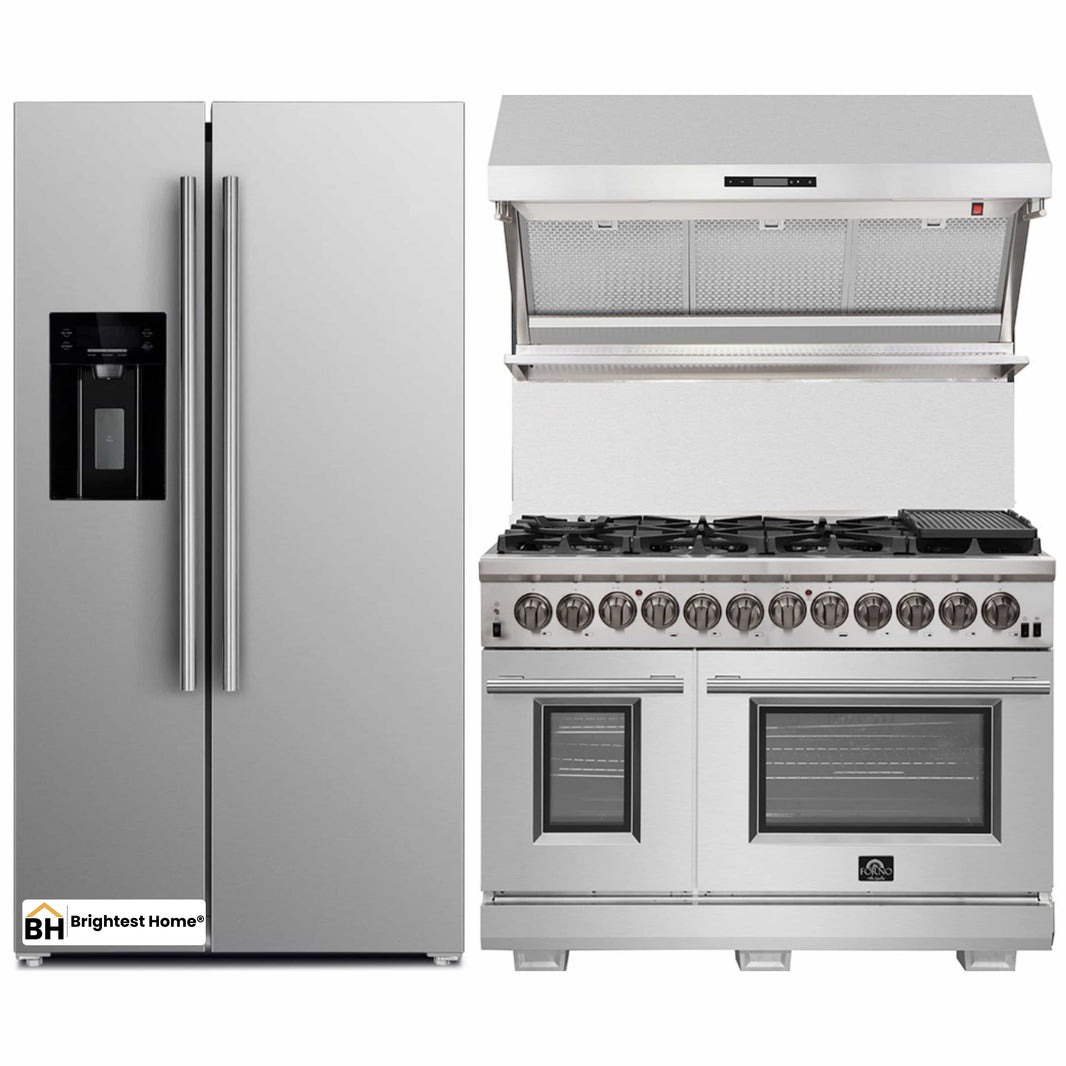 Forno 3-Piece Pro Appliance Package - 48-Inch Dual Fuel Range, Refrigerator with Water Dispenser,& Wall Mount Hood with Backsplash in Stainless Steel