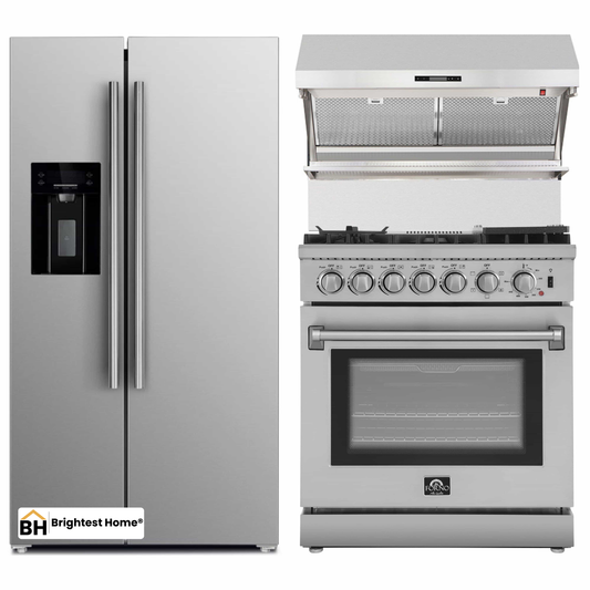 Forno 3-Piece Appliance Package - 30-Inch Dual Fuel Range with Air Fryer, Refrigerator with Water Dispenser, & Wall Mount Hood with Backsplash in Stainless Steel