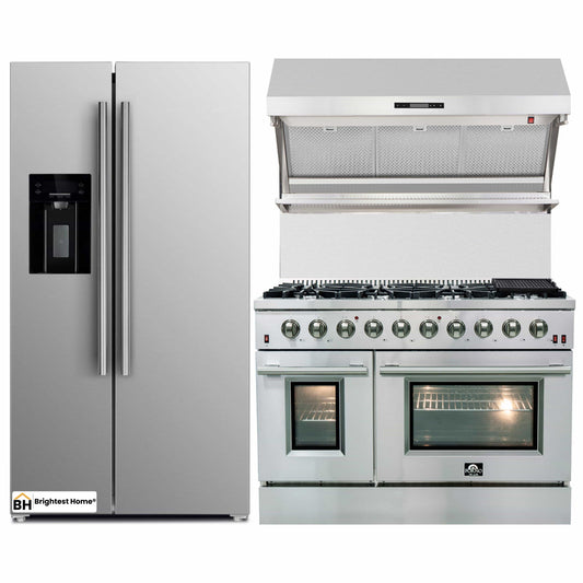 Forno 3-Piece Appliance Package - 48-Inch Gas Range, Refrigerator with Water Dispenser, & Wall Mount Hood with Backsplash in Stainless Steel