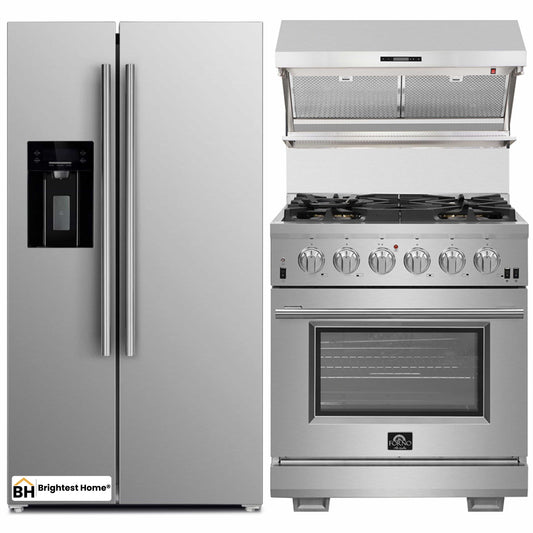 Forno 3-Piece Pro Appliance Package - 30-Inch Gas Range, Refrigerator with Water Dispenser,& Wall Mount Hood with Backsplash in Stainless Steel