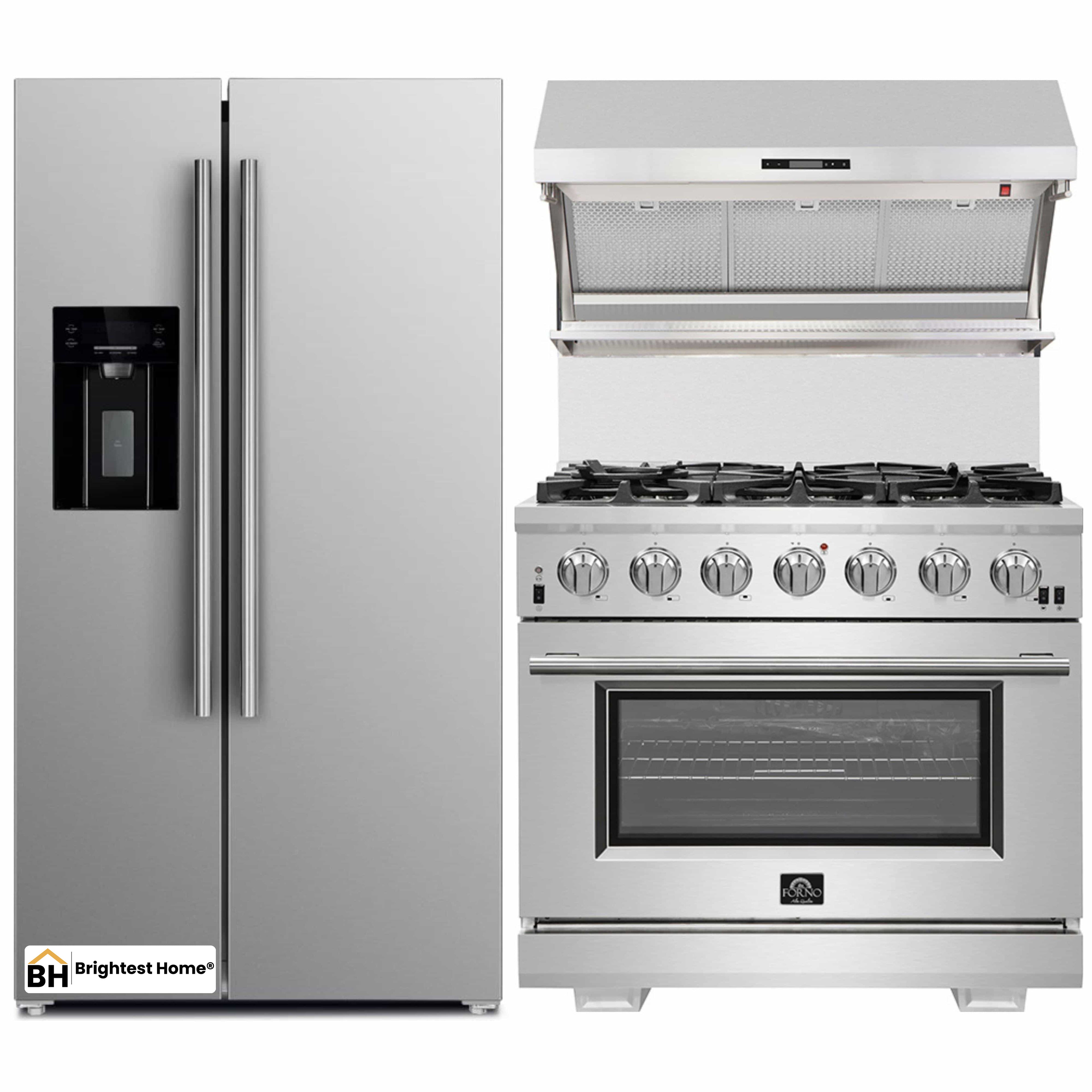 Forno 3-Piece Pro Appliance Package - 36-Inch Gas Range, Refrigerator with Water Dispenser,& Wall Mount Hood with Backsplash in Stainless Steel