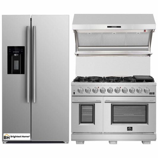 Forno 3-Piece Pro Appliance Package - 48-Inch Gas Range, Refrigerator with Water Dispenser,& Wall Mount Hood with Backsplash in Stainless Steel