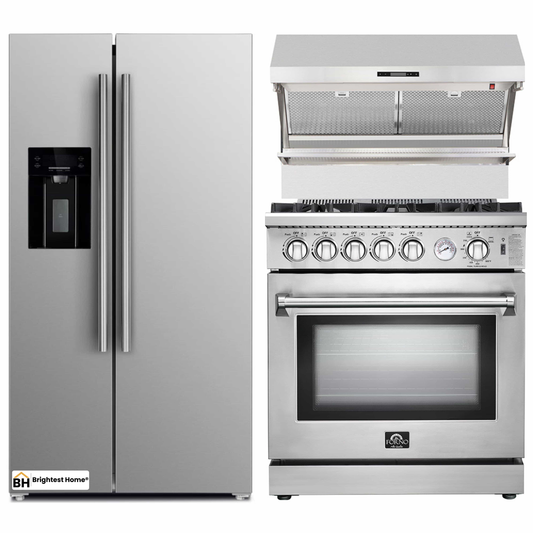 Forno 3-Piece Appliance Package - 30-Inch Gas Range, Refrigerator with Water Dispenser, & Wall Mount Hood with Backsplash in Stainless Steel