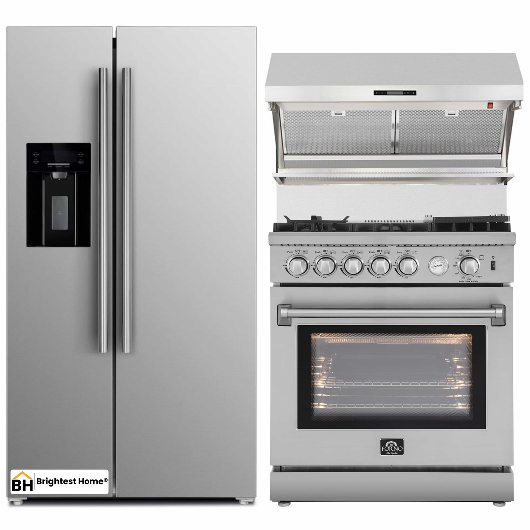 Forno 3-Piece Appliance Package - 30-Inch Gas Range with Air Fryer, Refrigerator with Water Dispenser, & Wall Mount Hood with Backsplash in Stainless Steel