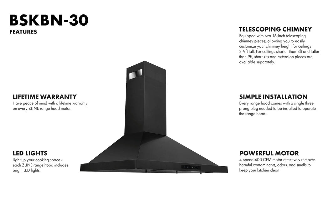 ZLINE 30-Inch Convertible Vent Wall Mount Range Hood in Black Stainless Steel (BSKBN-30)