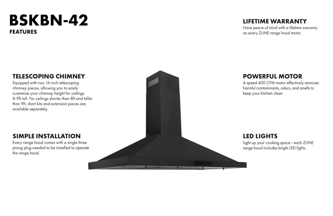 ZLINE 42-Inch Convertible Vent Wall Mount Range Hood in Black Stainless Steel (BSKBN-42)