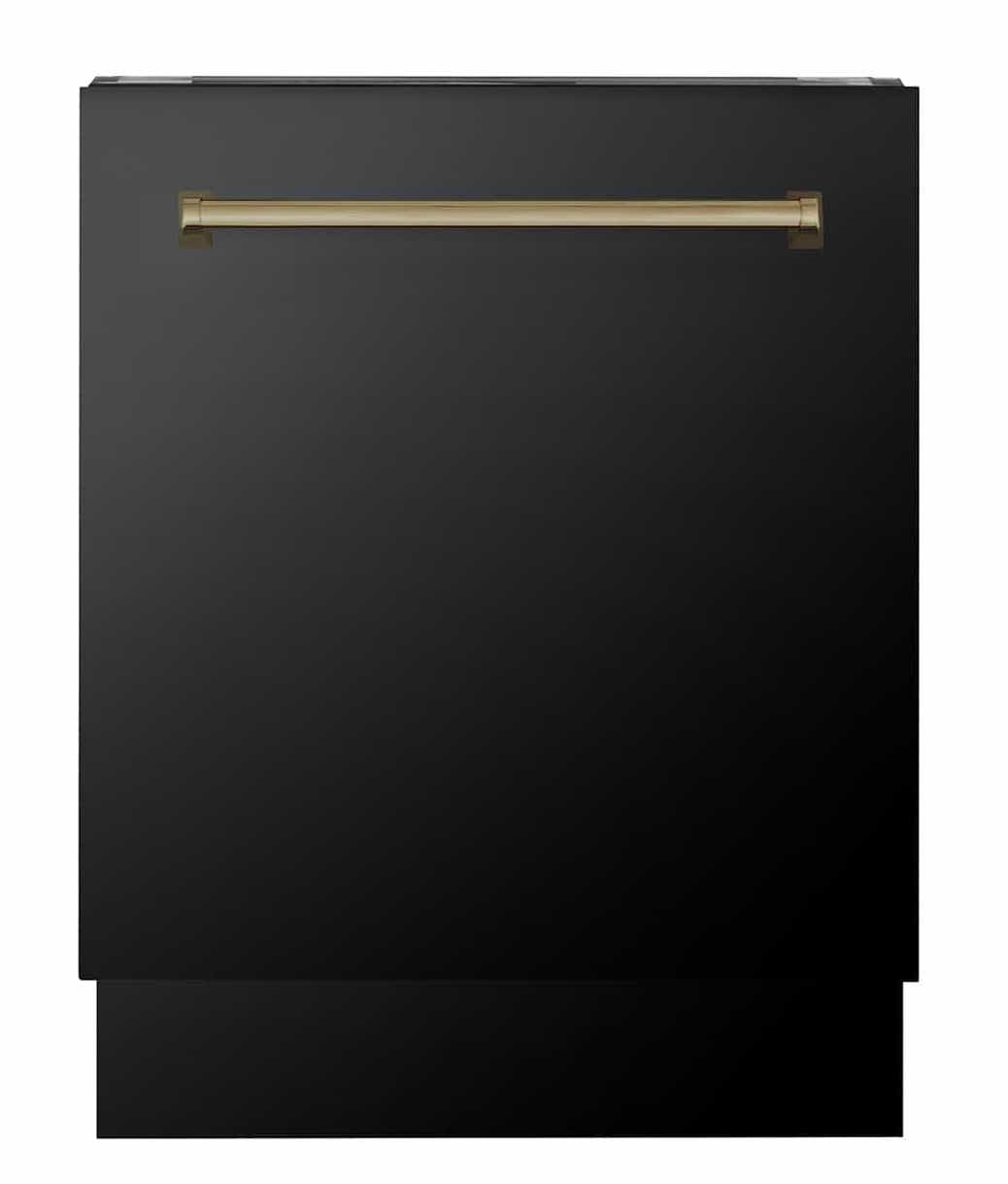 ZLINE Autograph Edition 4-Piece Appliance Package - 30" Dual Fuel Range, 36" Refrigerator, Wall Mounted Range Hood, & 24" Tall Tub Dishwasher in Black Stainless Steel with Champagne Bronze Trim (4AKPR-RABRHDWV30-CB)