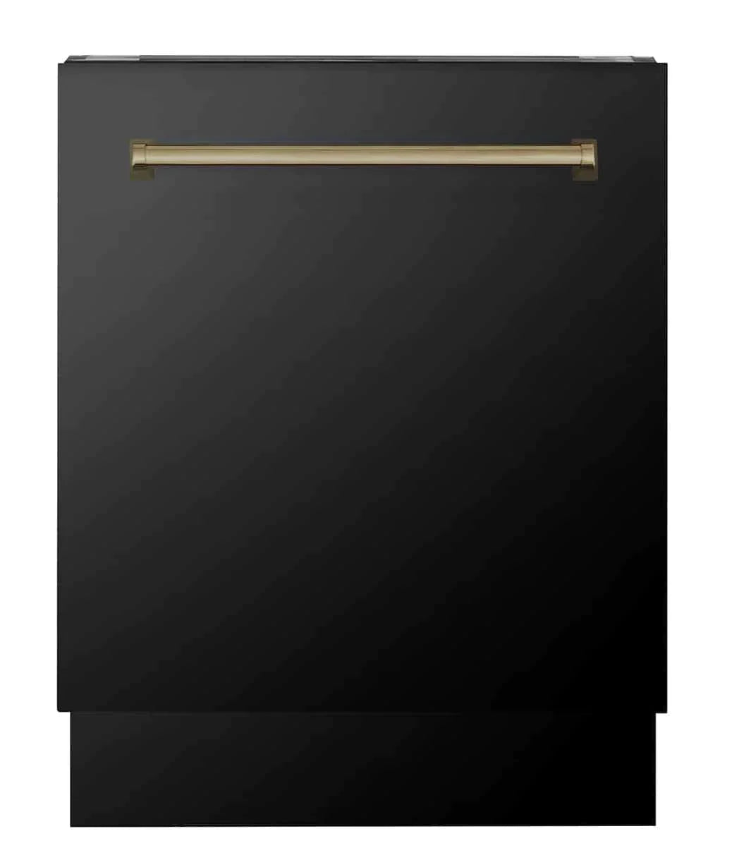 ZLINE Autograph Edition 4-Piece Appliance Package - 36" Dual Fuel Range, 36" Refrigerator with Water Dispenser, Wall Mounted Range Hood, & 24" Tall Tub Dishwasher in Black Stainless Steel with Champagne Bronze Trim (4KAPR-RABRHDWV36-CB)