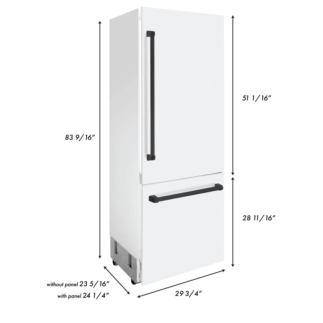 ZLINE 30-Inch Autograph Edition 16.1 cu. ft. Built-in 2-Door Bottom Freezer Refrigerator with Internal Water and Ice Dispenser in White Matte with Matte Black Accents (RBIVZ-WM-30-MB)