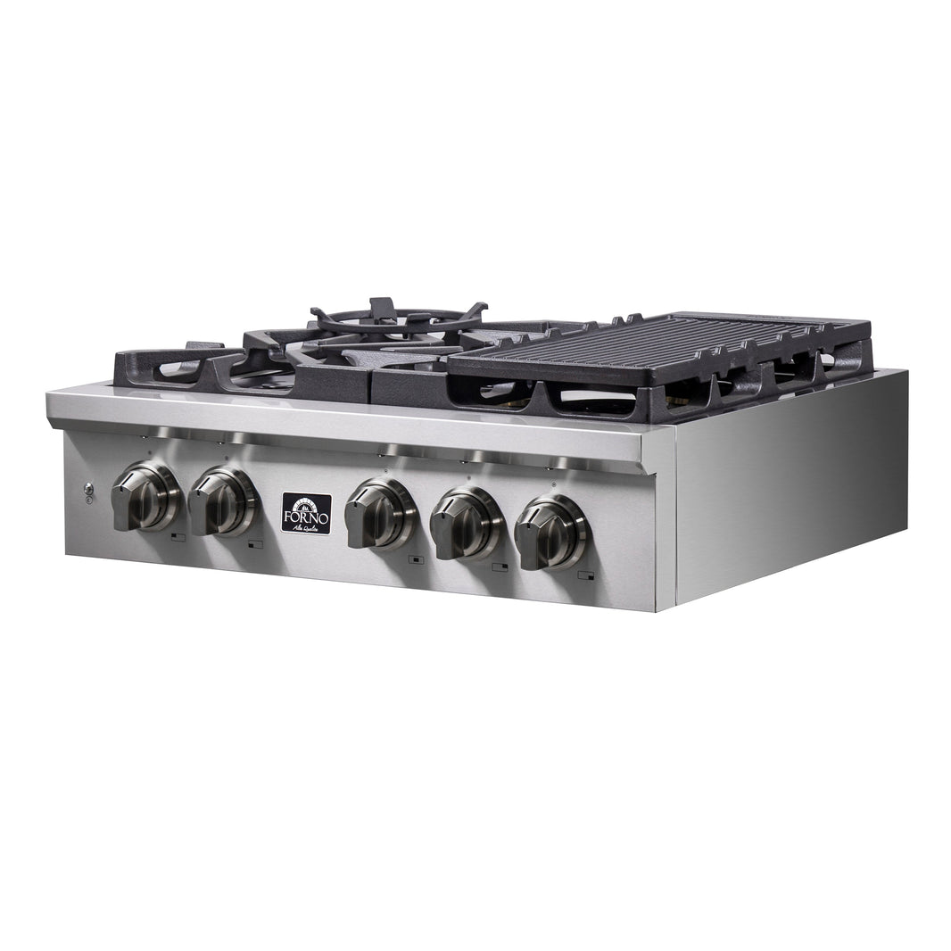 Forno Spezia 30-Inch Gas Cooktop, 4 Burners, Wok Ring and Grill/Griddle in Stainless Steel (FCTGS5751-30)