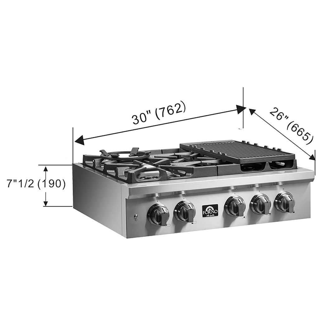 Forno Spezia 30-Inch Gas Cooktop, 4 Burners, Wok Ring and Grill/Griddle in Stainless Steel (FCTGS5751-30)