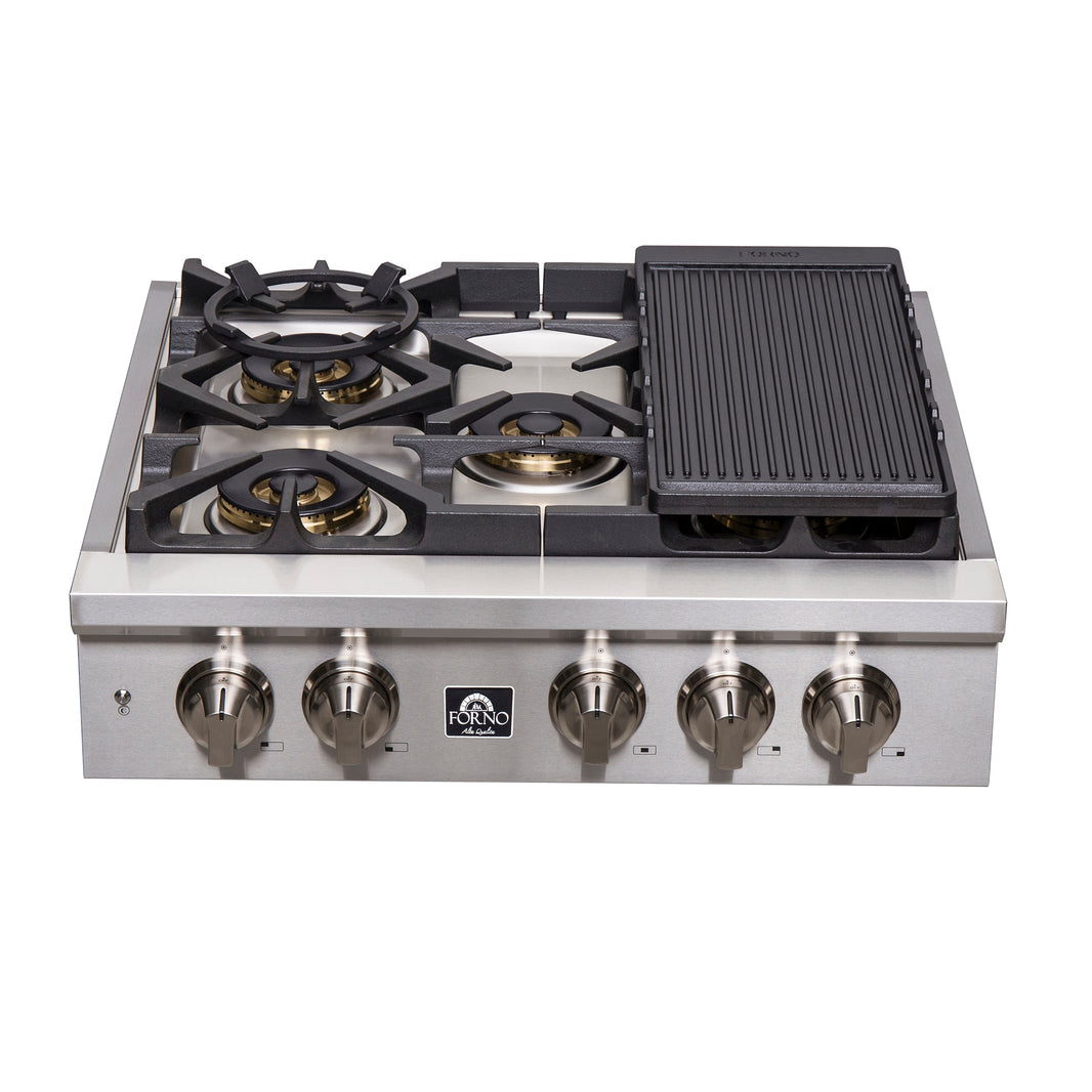 Forno Spezia 30-Inch Gas Cooktop, 4 Burners, Wok Ring and Grill/Griddle in Stainless Steel (FCTGS5751-30)