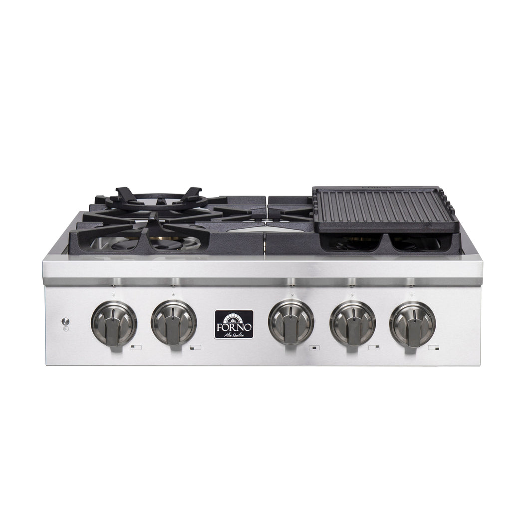 Forno Spezia 30-Inch Gas Cooktop, 4 Burners, Wok Ring and Grill/Griddle in Stainless Steel (FCTGS5751-30)