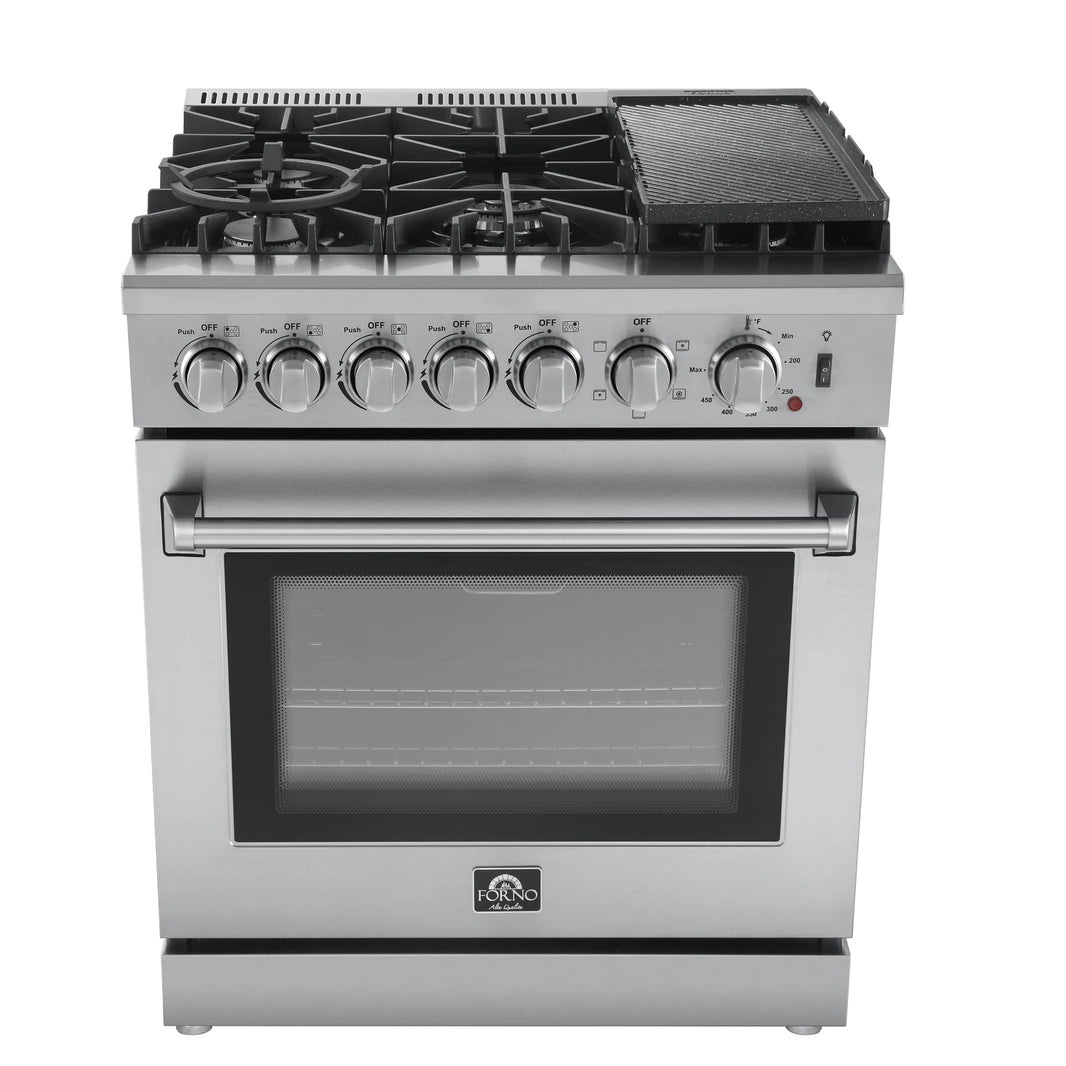 Forno Lazio 30" Dual Fuel Range with 5 Sealed Burner in Stainless Steel with Air Fryer & Reversible Griddle (FFSGS6196-30)