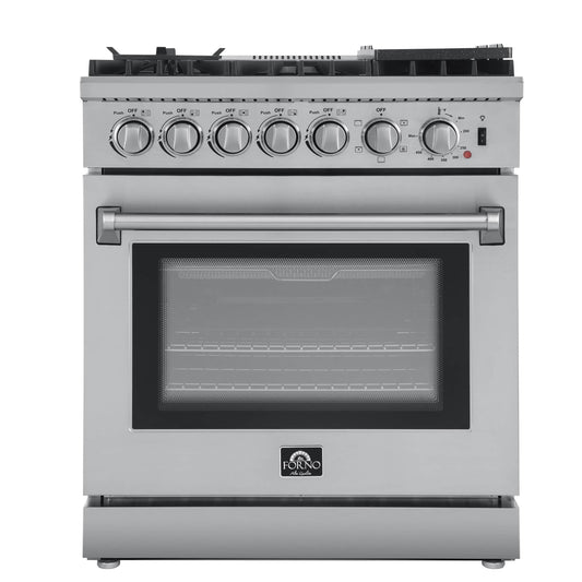 Forno Lazio 30" Dual Fuel Range with 5 Sealed Burner in Stainless Steel with Air Fryer & Reversible Griddle (FFSGS6196-30)
