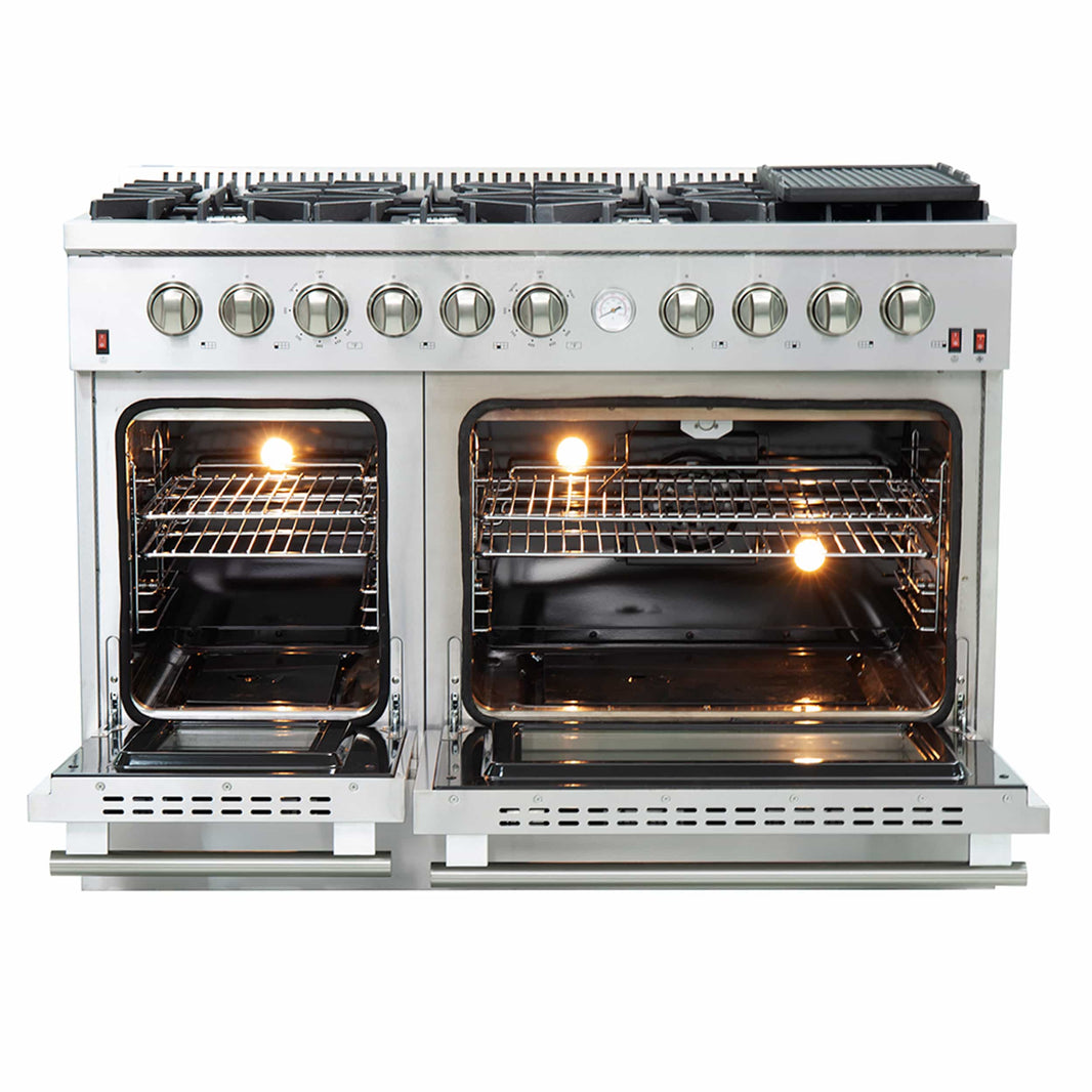 Forno 48" Alta Qualita Gas Range with Air Fryer, 8 Gas Burners, Gas Oven, Temperature Gauge, Griddle, in Stainless Steel (FFSGS6291-48)