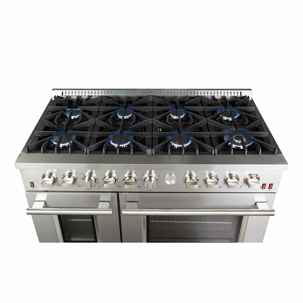 Forno 48" Alta Qualita Gas Range with Air Fryer, 8 Gas Burners, Gas Oven, Temperature Gauge, Griddle, in Stainless Steel (FFSGS6291-48)