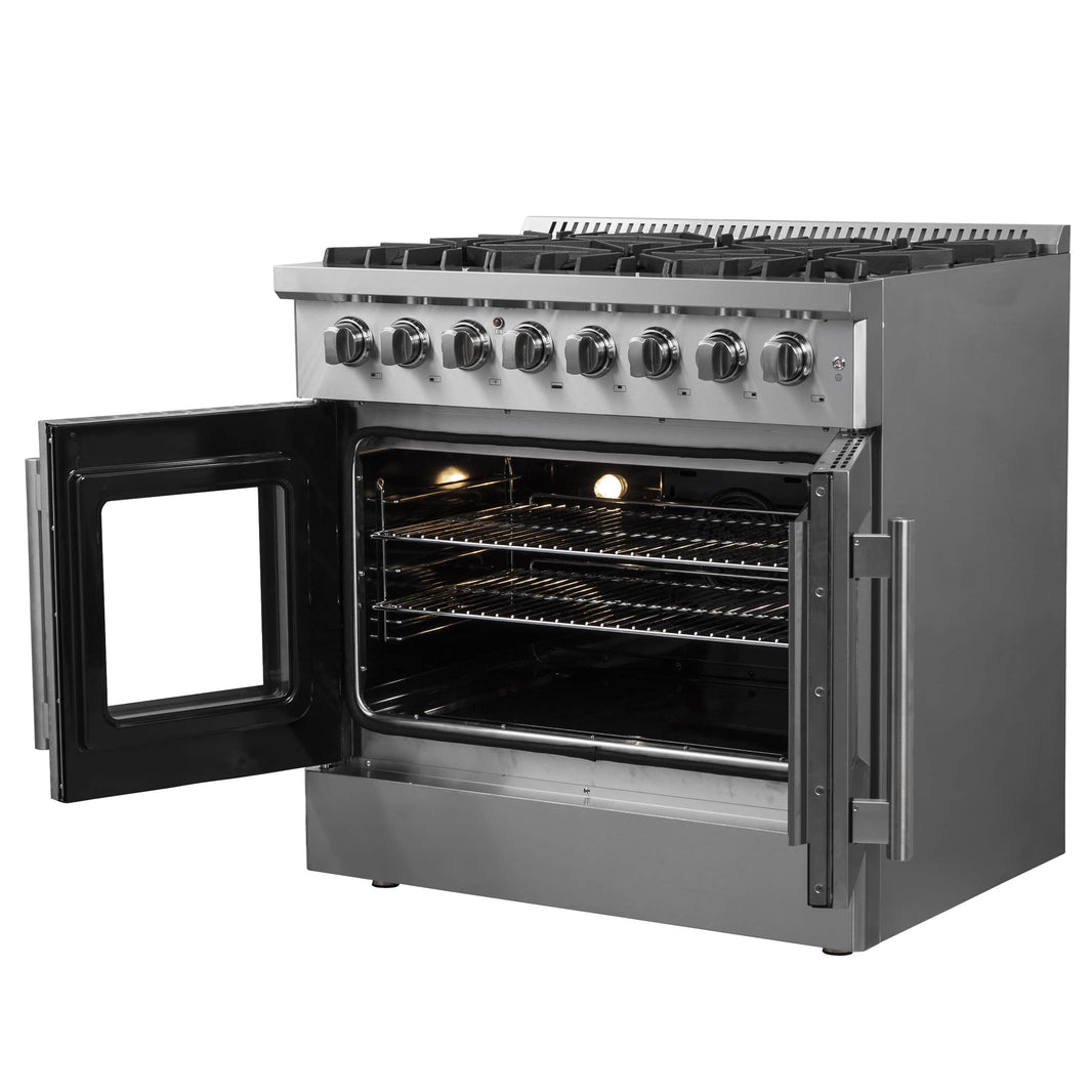 Forno 36-Inch Galiano Dual Fuel Range with 6 Gas Burners, 83,000 BTUs, & French Door Electric Oven in Stainless Steel (FFSGS6356-36)