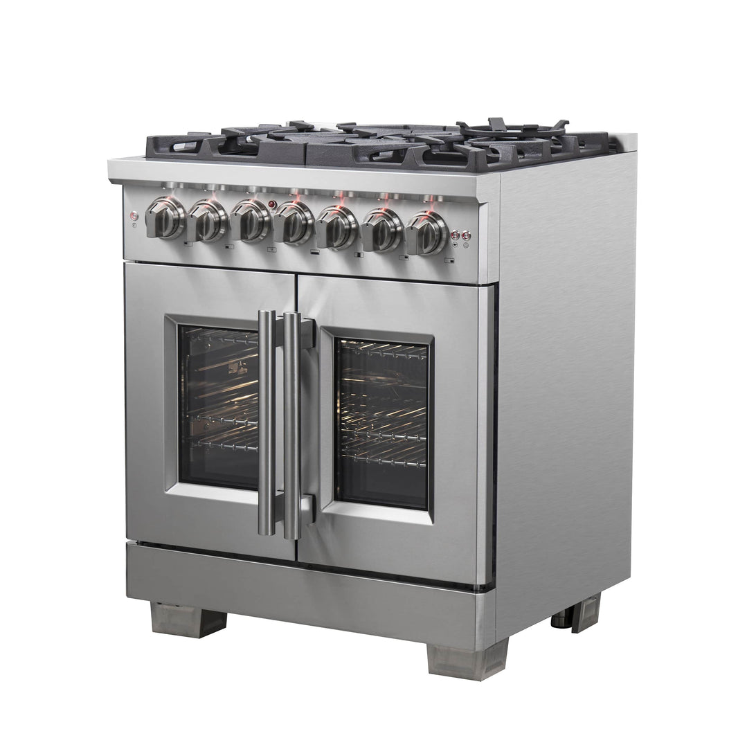 Forno 30-Inch Capriasca Dual Fuel Range with 5 Gas Burners, 100,000 BTUs, and French Door Electric Oven in Stainless Steel (FFSGS6387-30)