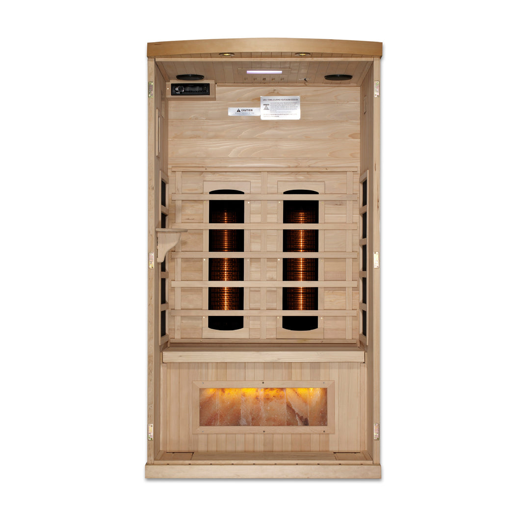 Golden Designs | 1-Person PureTech™ Full Spectrum Near Zero EMF FAR Infrared Sauna with Himalayan Salt Bar | GDI-8010-02