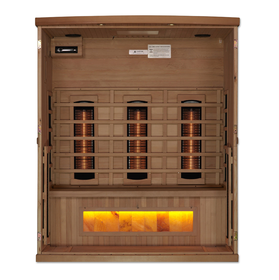 Golden Designs | 3-Person PureTech™ Full Spectrum Near Zero EMF FAR Infrared Sauna with Himalayan Salt Bar | GDI-8030-02