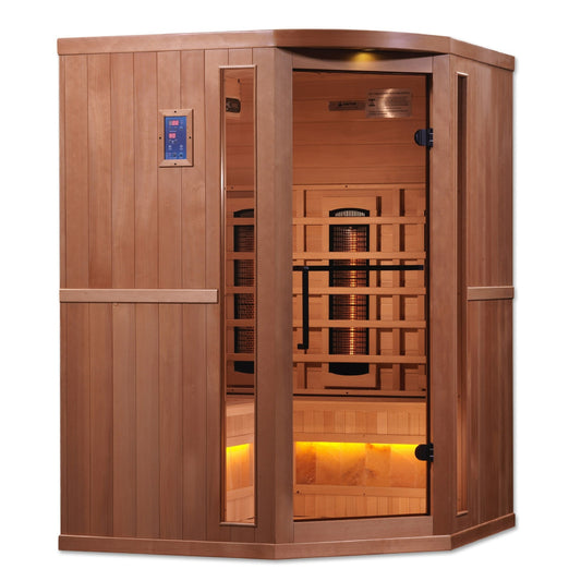 Golden Designs | 3-Person Corner PureTech™ Full Spectrum Near Zero EMF FAR Infrared Sauna with Himalayan Salt Bar | GDI-8035-02