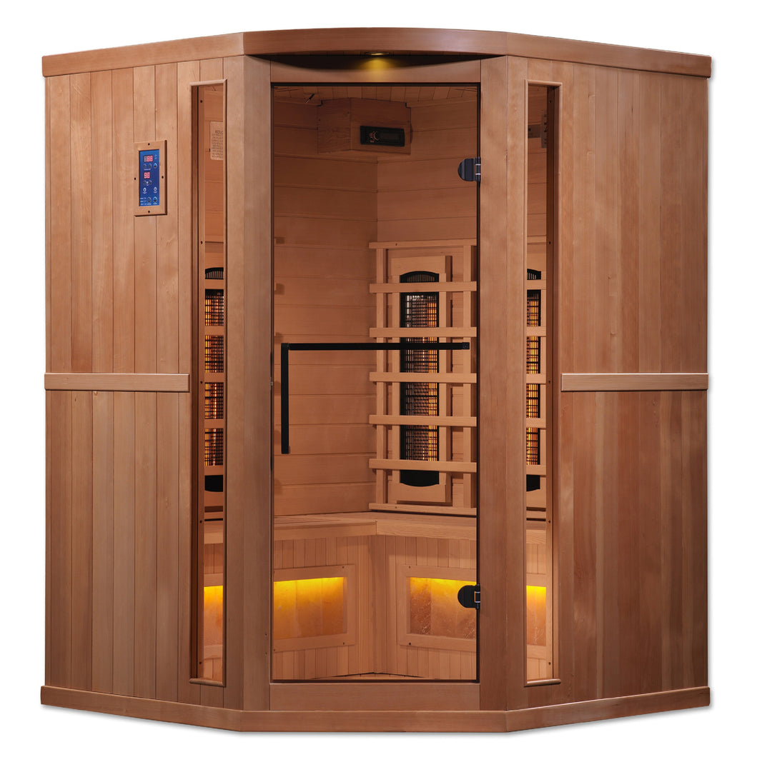 Golden Designs | 3-Person Corner PureTech™ Full Spectrum Near Zero EMF FAR Infrared Sauna with Himalayan Salt Bar | GDI-8035-02